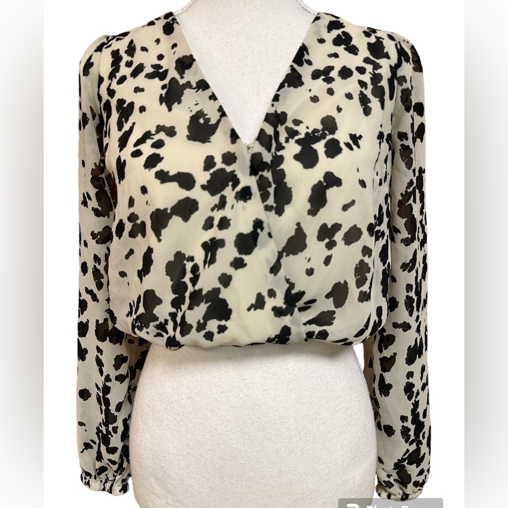 Japna Animal Print Cropped Split Neckline Longsleeved Popover Dressy Top XS